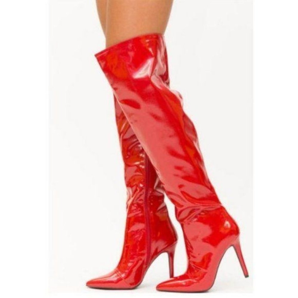 Red Patent Leatherette Knee Hi Boots - Picture 4 of 6